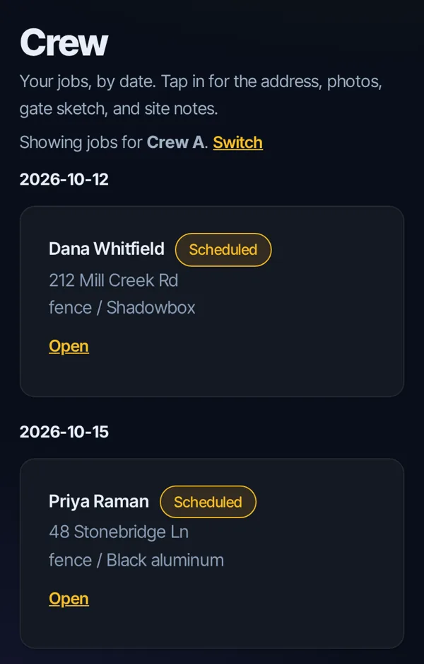 The same app on a phone: Crew A's jobs by date, each with the address, job type and an Open button